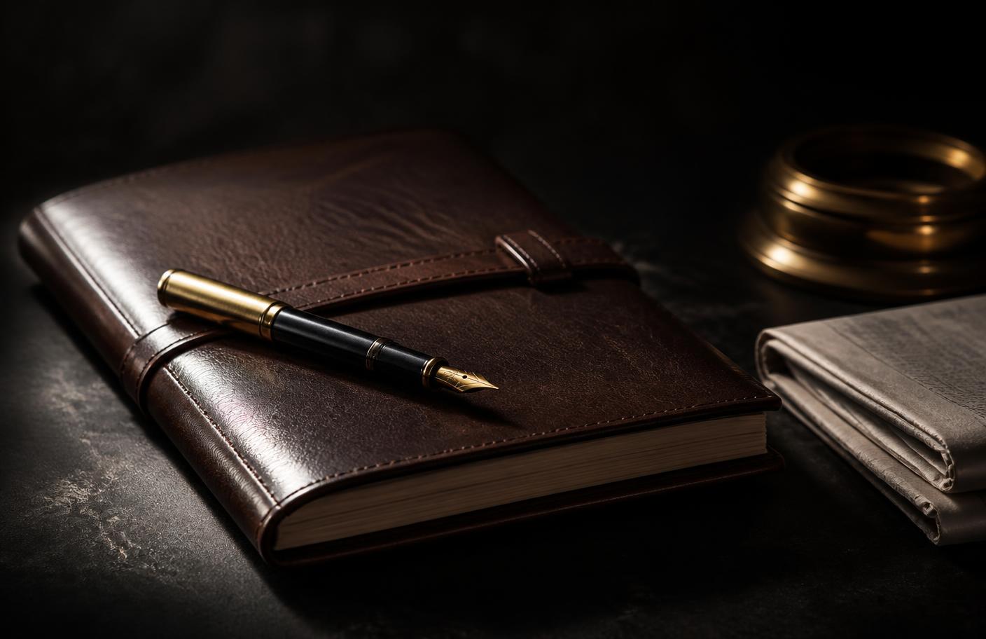 Leather notebook and fountain pen in dramatic light