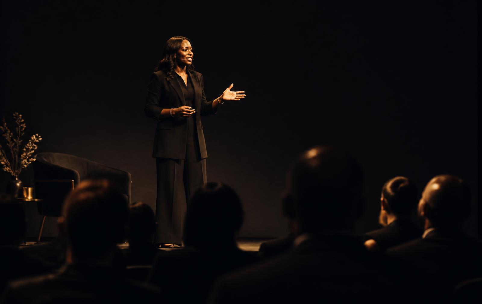 Jacquelyn Clayborn speaking on a darkened stage to an executive audience